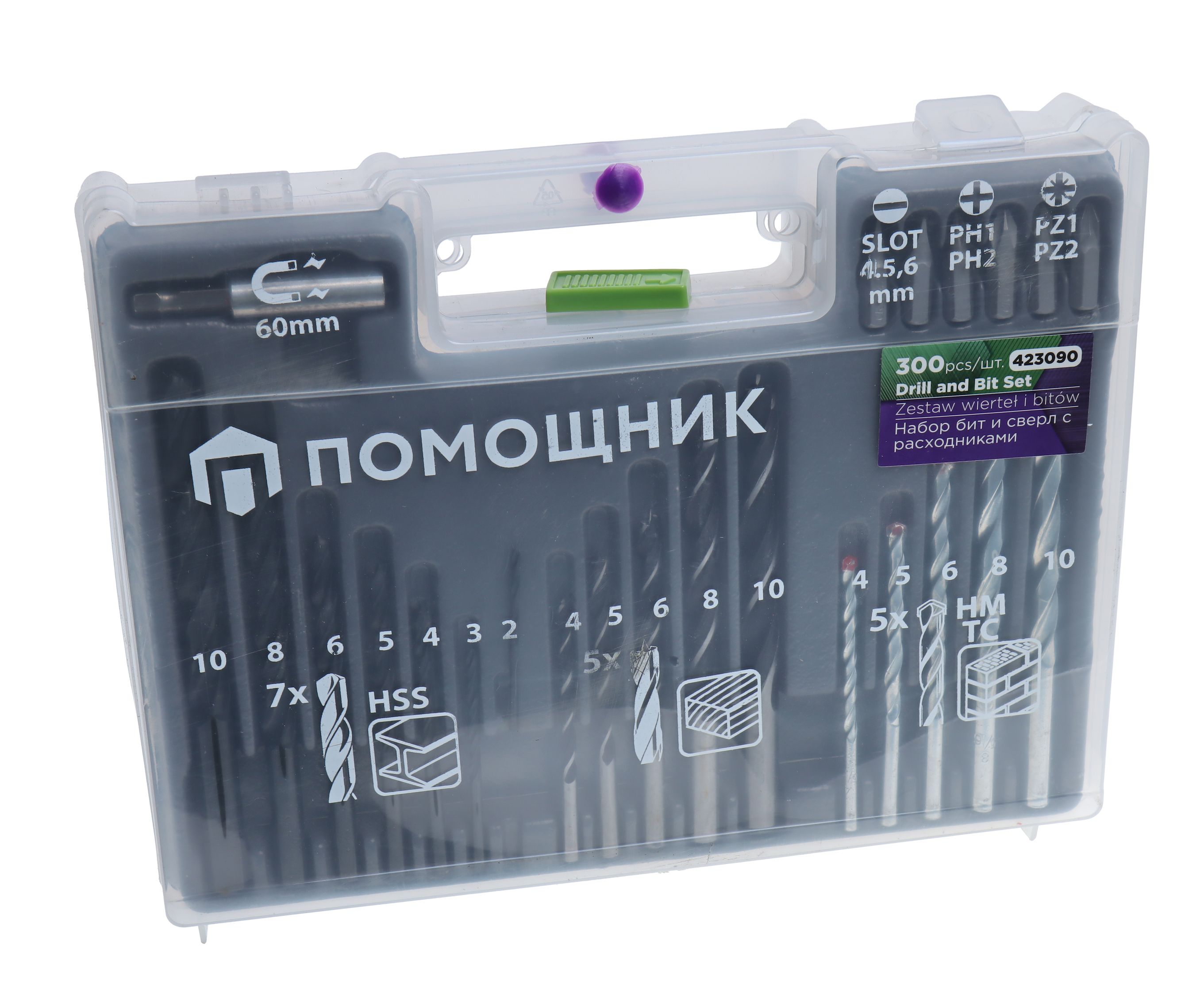 Набор бит и сверл 423090 с расходниками 300 пр., в кейсе Помощник /1/20