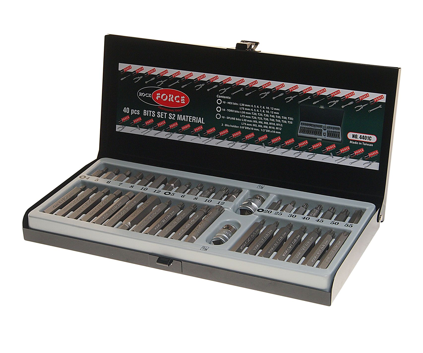 Набор вставок RF-4401C: 1/2"&1/4"&3/8"DR TORX 40пр. с держателями в кейсе ROCKFORCE /1/2