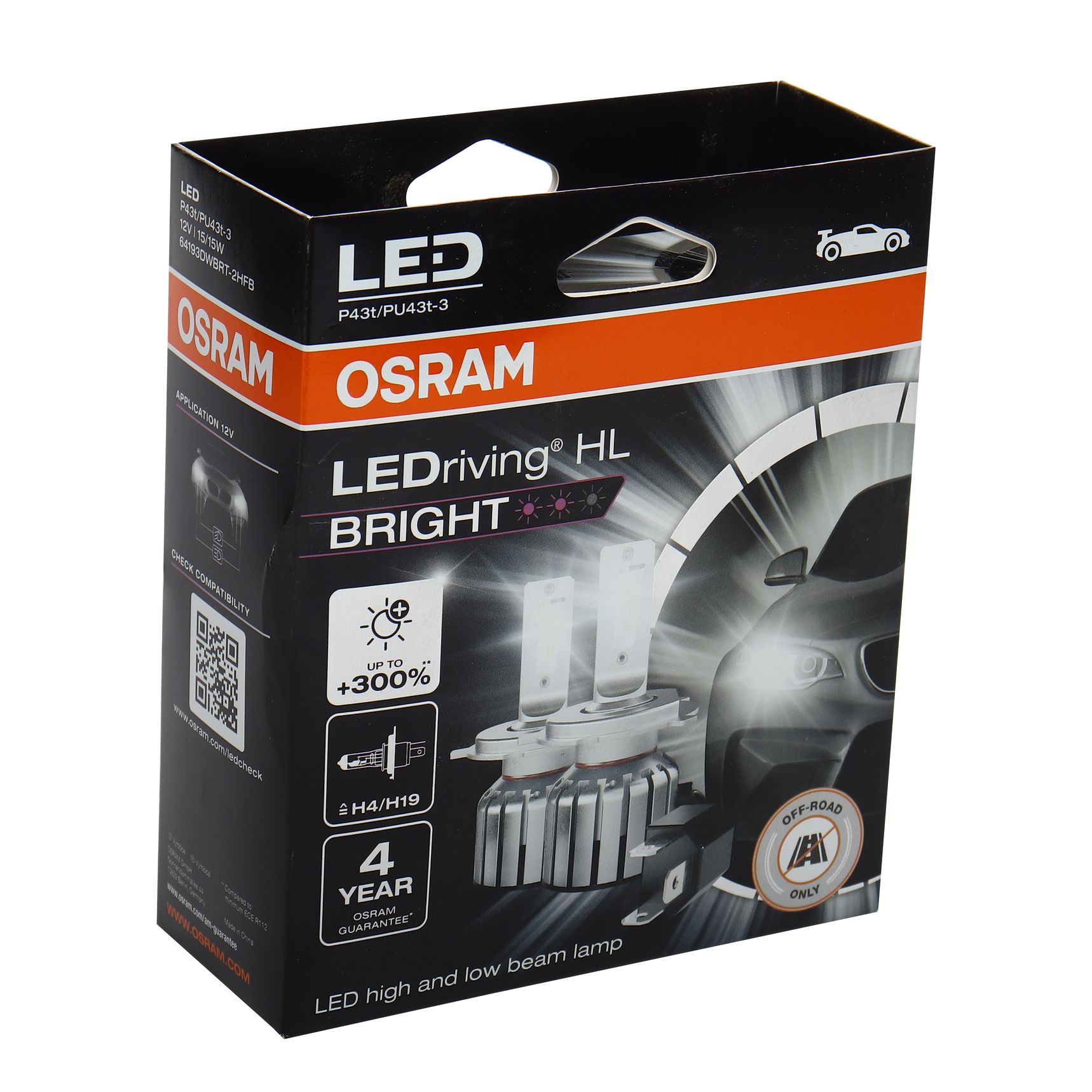 Автолампа H4/H19 (P43t/PU43t-3)+300% LED WHITE LEDriving HL BRT 6000K (2шт) 12V OSRAM /1