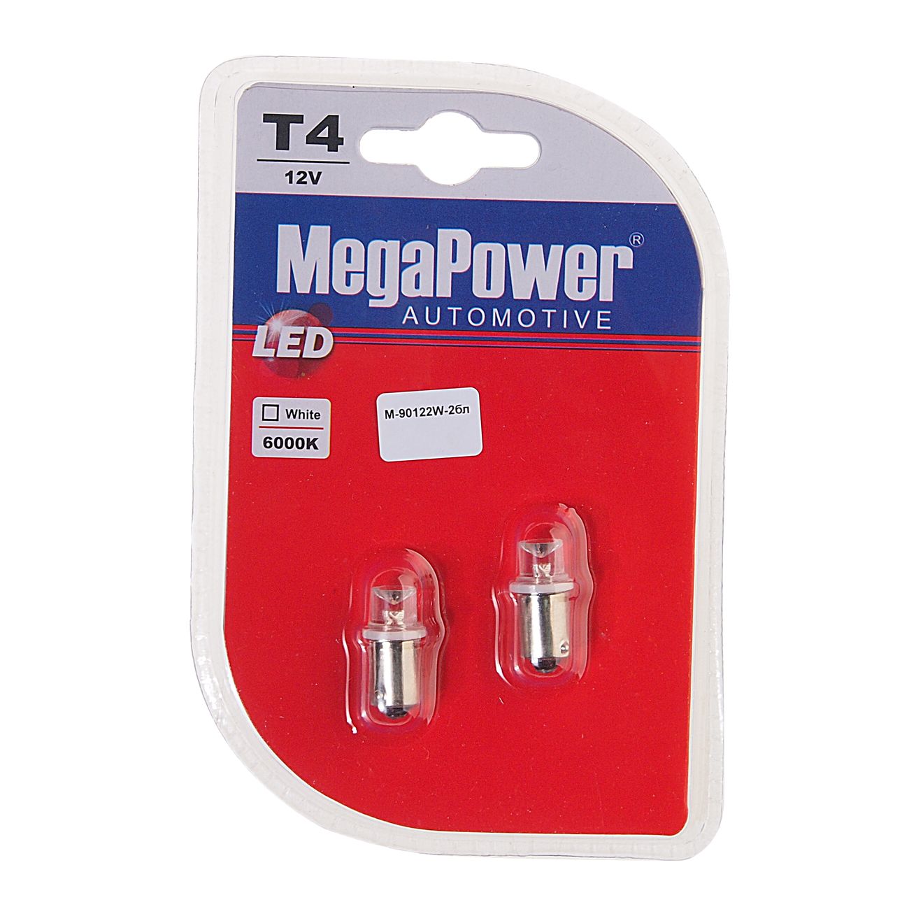 Автолампа T4W (BA9s) 1 LED CONCAVE WHITE блистер (2 шт) 6000K 10лм   12V MEGAPOWER /1 /50