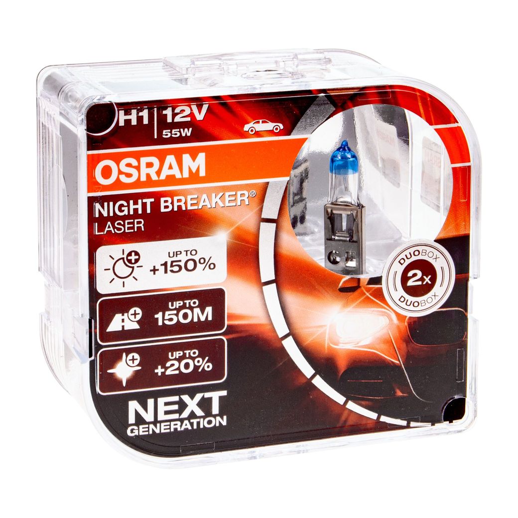 Автолампа H1 (55) P14.5s+150% NIGHT BREAKER LASER 3500K (евробокс, 2шт) 12V OSRAM /1/10