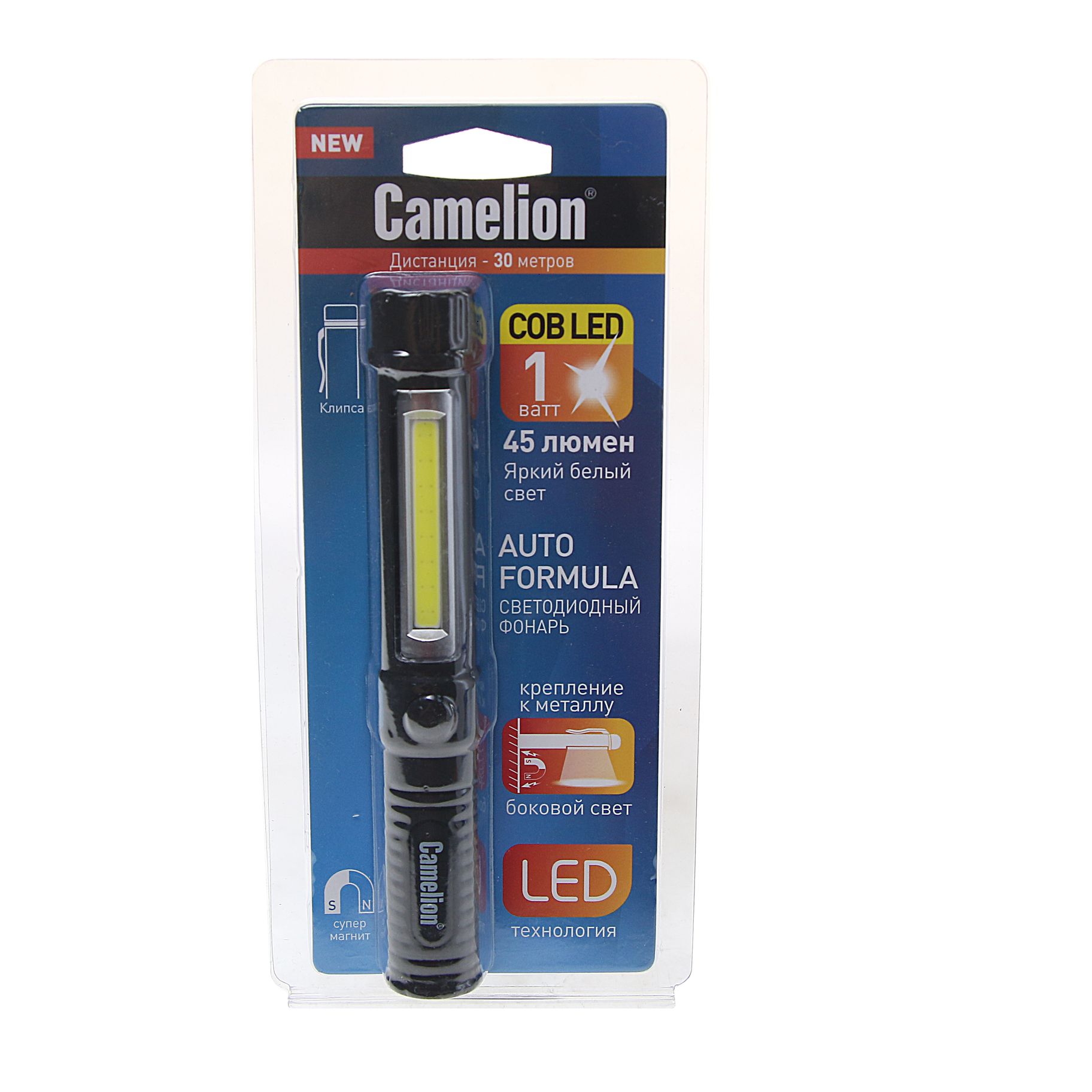 Фонарь C-51521 (LED51521 фонарь-ручка, COB LED+1W LED, 3XR03, пластик, магнит, клипса, блистер)  CAMELION