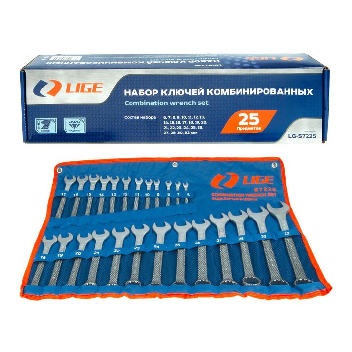 Набор ключей комбинированных 25пр., 12гр.(6,7,8,9,10,11,12,13,14,15,16,17,18,19,20,21,22,23,24,25,26,27,28,30,32мм), на полотне LG-S7225 LIGE /1/4
