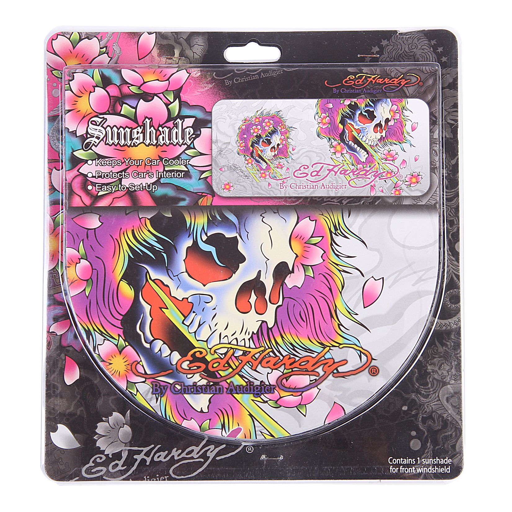 Шторка солнцезащитная EH-00738 "BEAUTIFUL GHOST" на лобовое стекло, полиэстер 145х66см ED HARDY (США) /1/6
