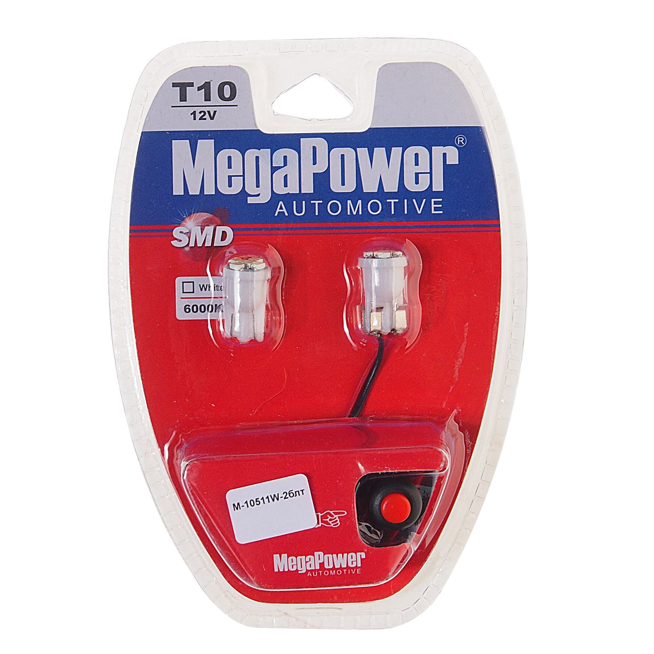 Автолампа T10W (W2,1x9,5d) 6 SMD 3528 WHITE блистер с тестером (2шт) 6000K 108лм   12V MEGAPOWER /1 /25