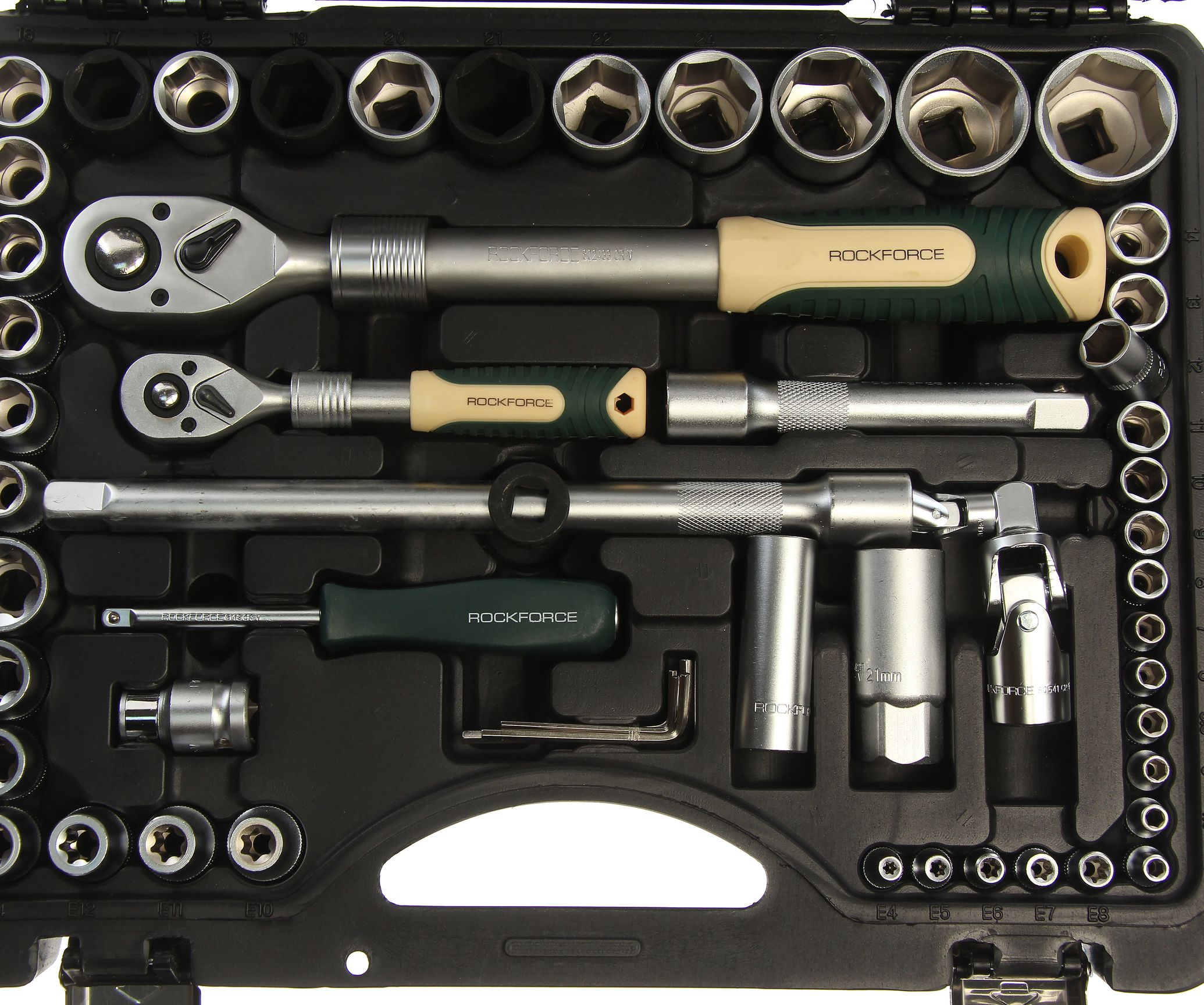 Набор торцевых головок и вставок RF-41082-5LEURO: 1/2" & 1/4"DR 6-гранных с телескопическими трещотками 108пр. ROCKFORCE /1/2