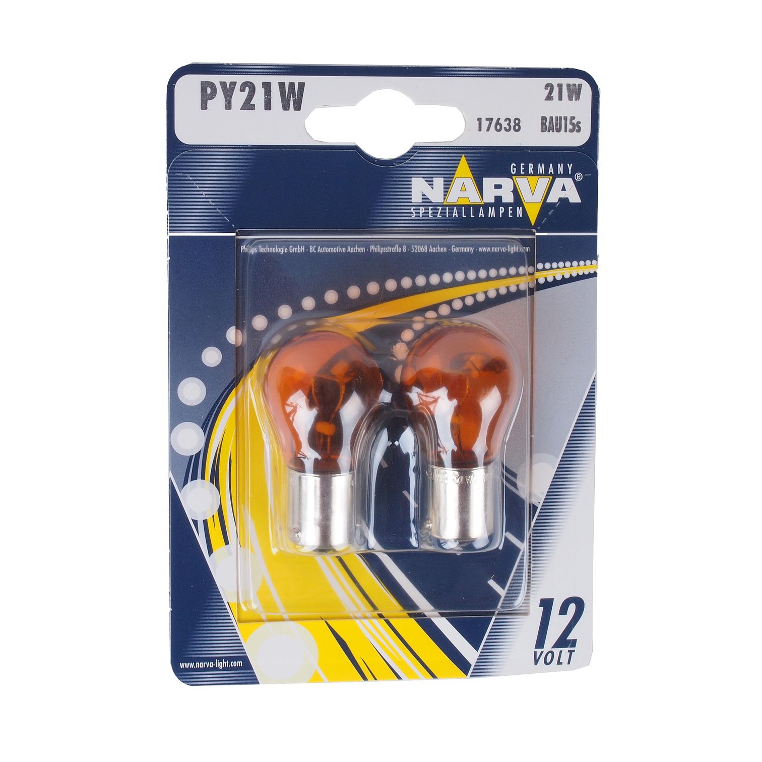 Автолампа PY21W (BAU15s) YELLOW (блистер, 2шт) 12V NARVA /1/10