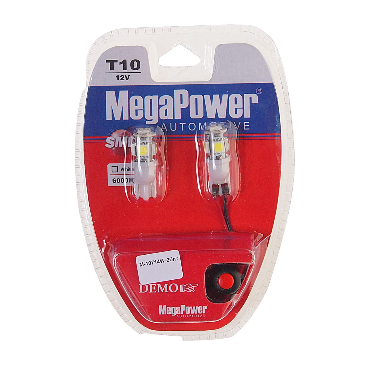 Автолампа T10W (W2,1x9,5d) 5 SMD 5050 WHITE блистер с тестером (2 шт) 6000K 100лм   12V MEGAPOWER /1 /25