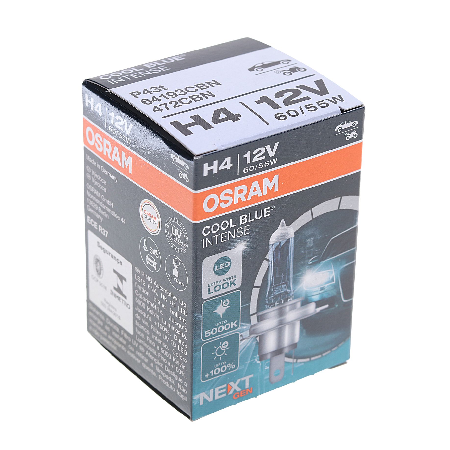 Автолампа H4 (60/55) P43t-38+100% COOL BLUE INTENSE (NextGen) до 5000K 12V OSRAM /1/10/100