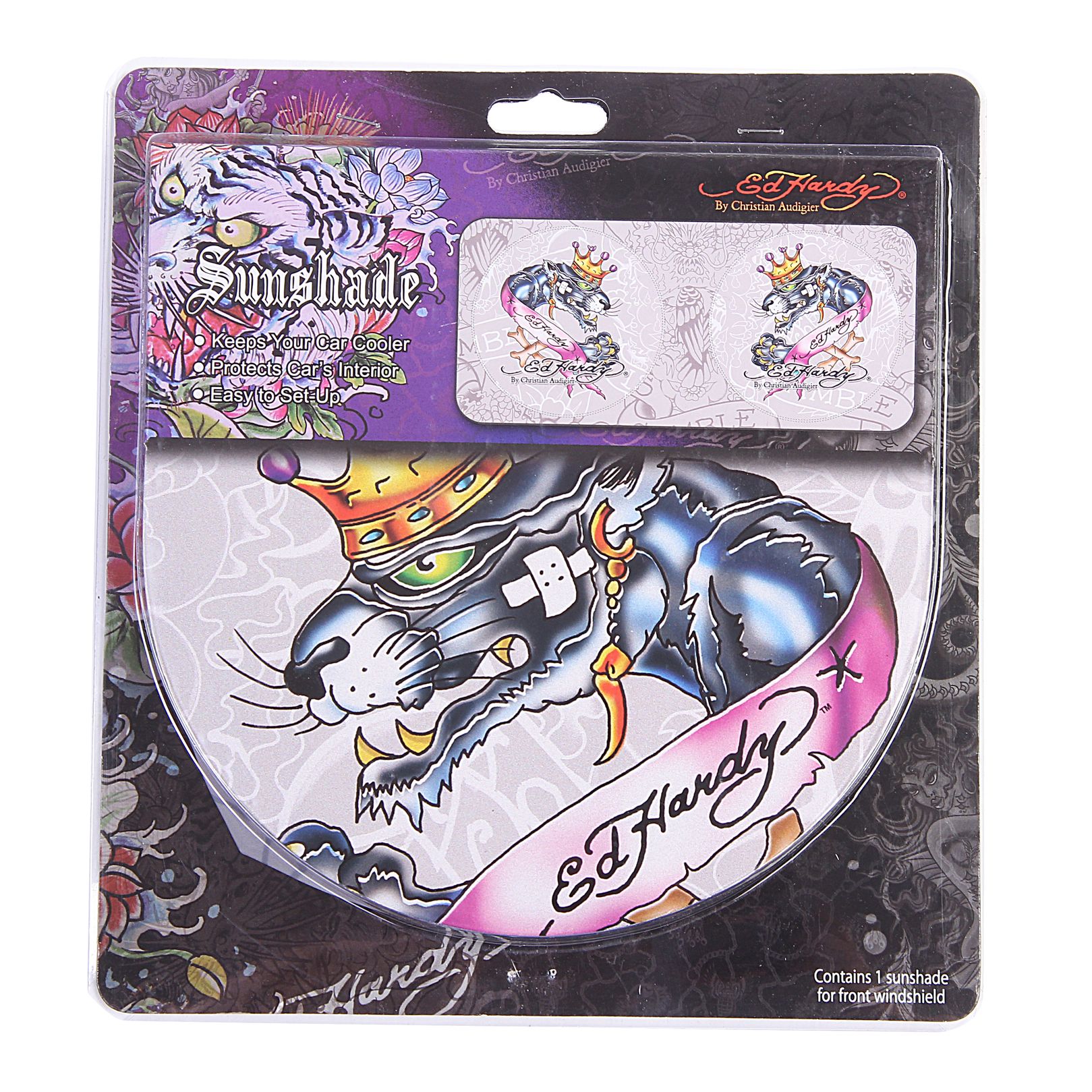 Шторка солнцезащитная EH-01038 "SUPERSTAR" на лобовое стекло, полиэстер 145х66см ED HARDY (США) /1/6