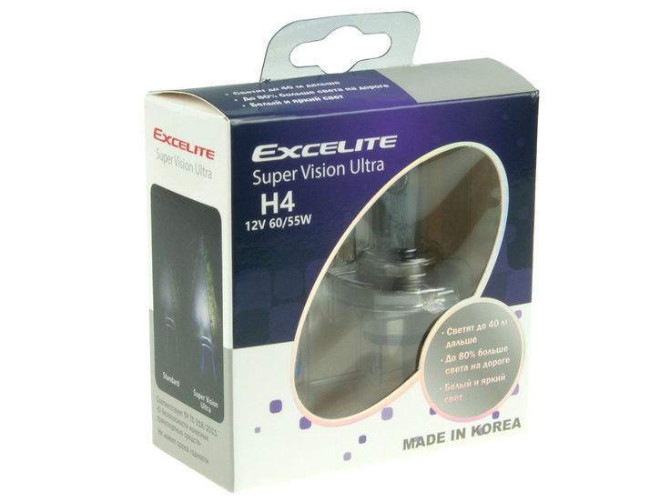 Автолампа H4 (60/55) P43t+80% SUPER VISION ULTRA (2шт) до 3500K 12V EXCELITE /1/10/100 NEW