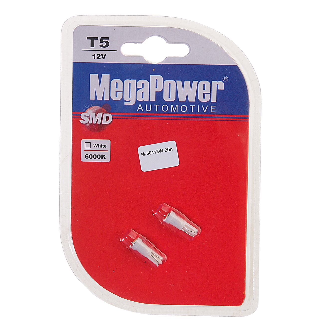 Автолампа T5 (W2*4.6d) 1 SMD 3528  WHITE блистер (2шт) 6000K 18лм   12V MEGAPOWER /1 /50