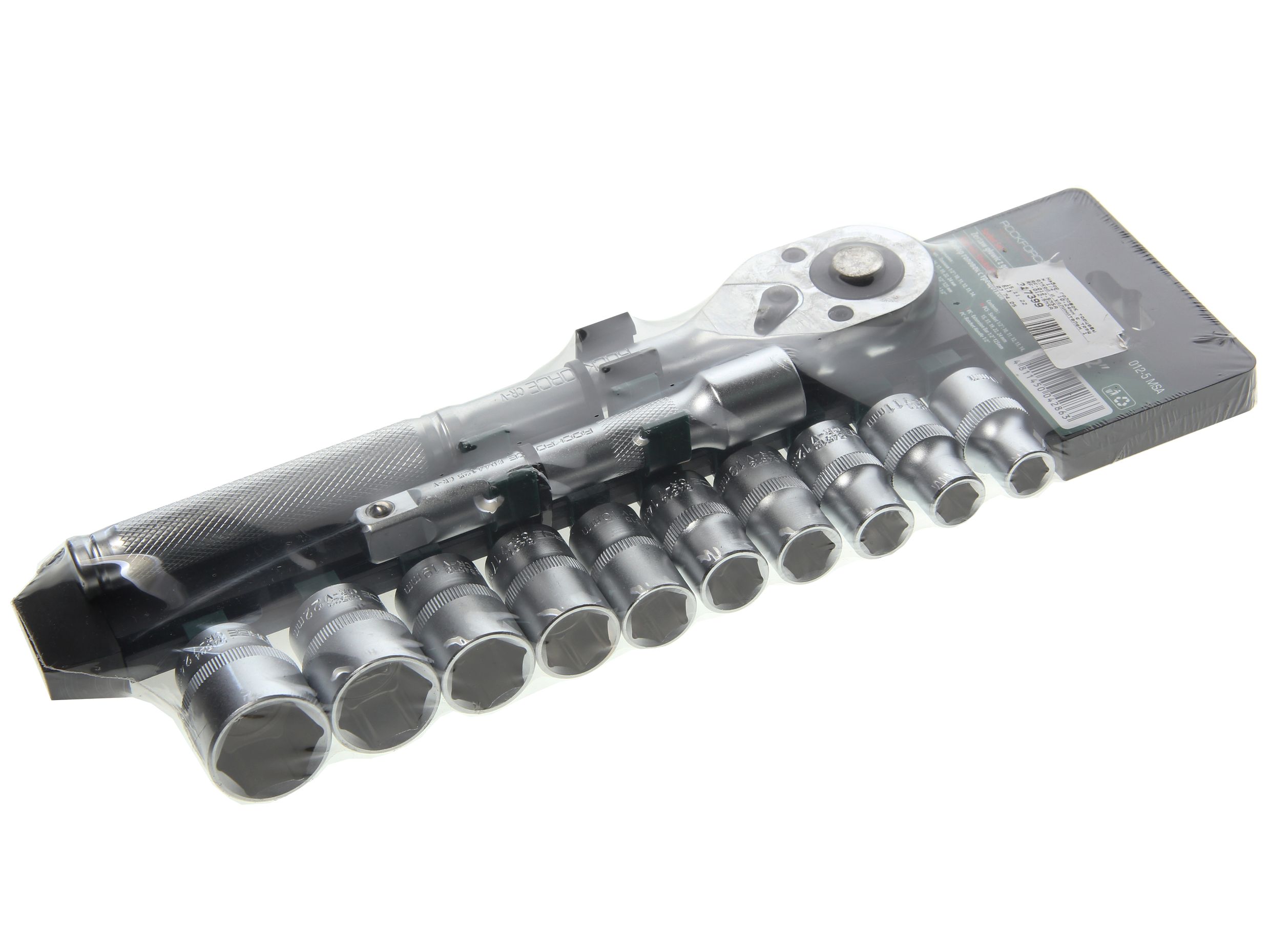 Набор торцевых головок RF-012-5MSA:с трещоткой и удлинителем 1/2" DR 6-гр. 12пр. (10-15,17,19,22,24мм) (пластик. держатель) ROCKFORCE /1/16