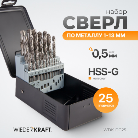 WDK-DG25 Набор сверл по металлу 1-13 мм, шаг 0.5 мм, HSS-G, 25 предметов, металлический кейс