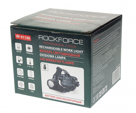 Фонарь RF-01156 светодиодный аккумуляторный налобный (10W LED,1500Lm,,2000mAh,зарядка12V,время раб.4ч,время заряд.6ч,защита гнезда зарядки)ROCKFORCE /