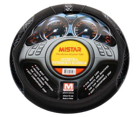 Оплетка руля MIS-SWC862 (M) черная с белой вставкой MISTAR /1/25