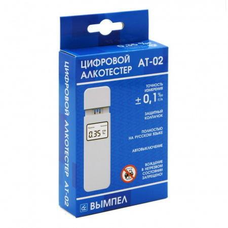 Алкотестер W-AT02 портативный (0,00-1,90 промилле) ЖК-дисплей с подсветкой, звуковой сигнализатор, выдвижной датчик ВЫМПЕЛ /1